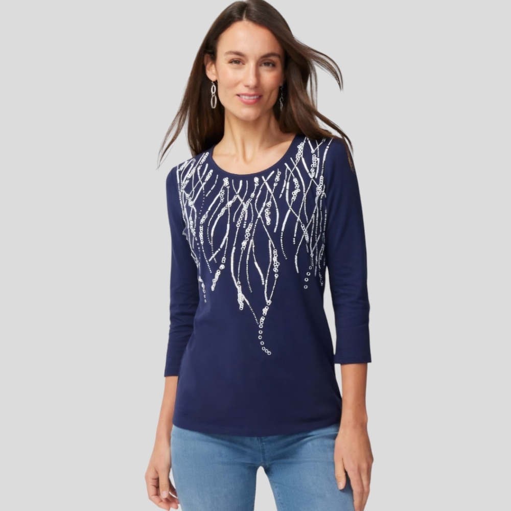 Chico's Embellished Top With Beads And Sequences 3/4 Sleeve New With Tags Size S